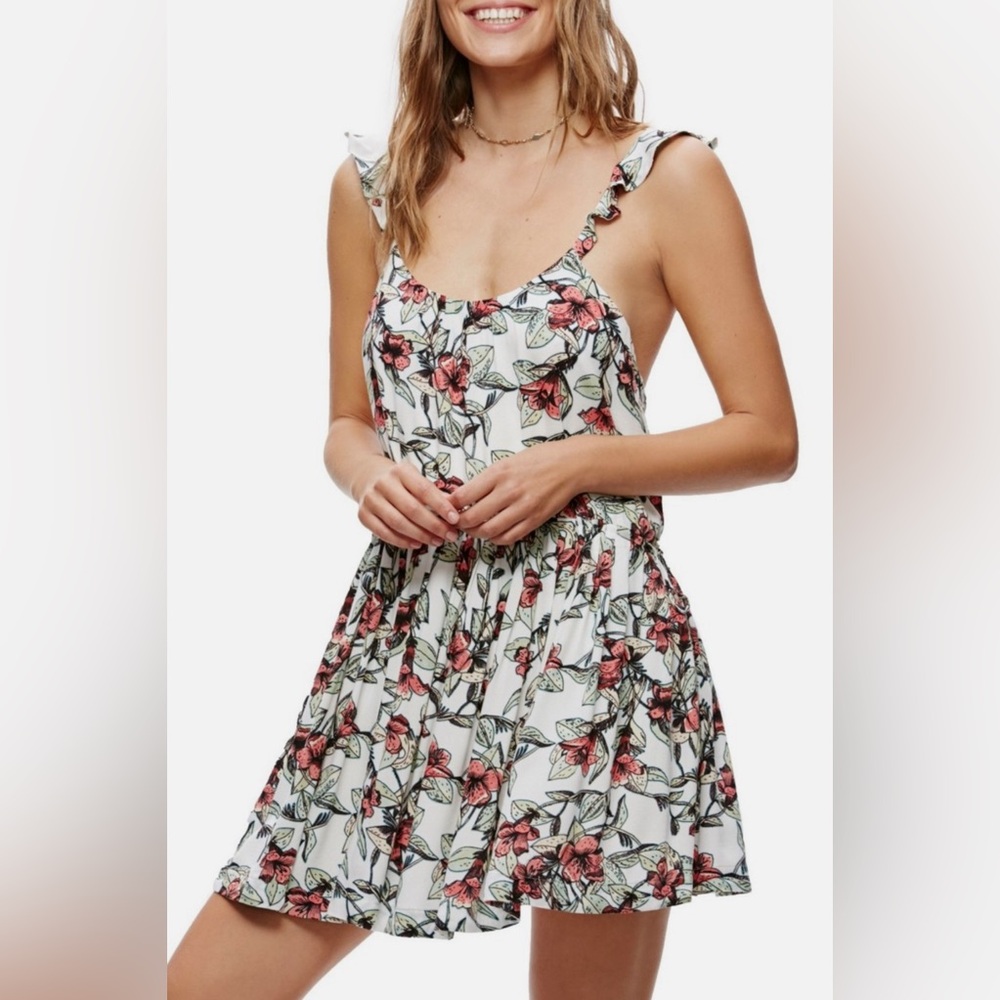 Free People Floral Ruffle Strap Pleated Sundress - White with Red Floral